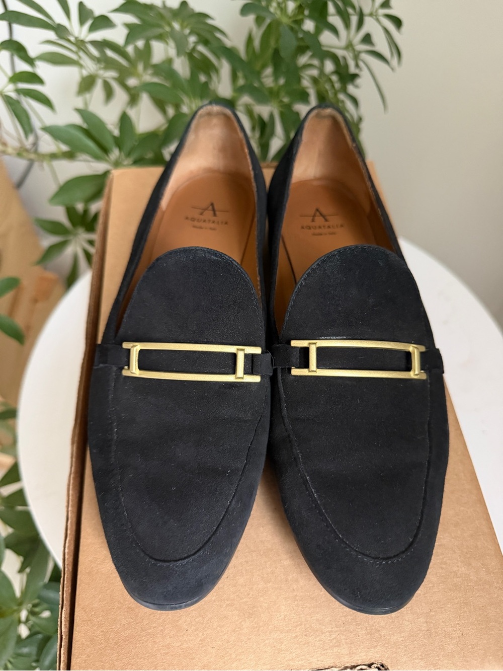 Aquatalia Black Suede Loafers with Gold Accent